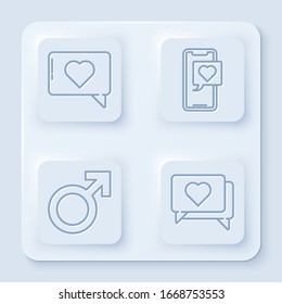 Set line Like and heart, Smartphone with heart speech bubble, Male gender symbol and Like and heart. White square button. Vector