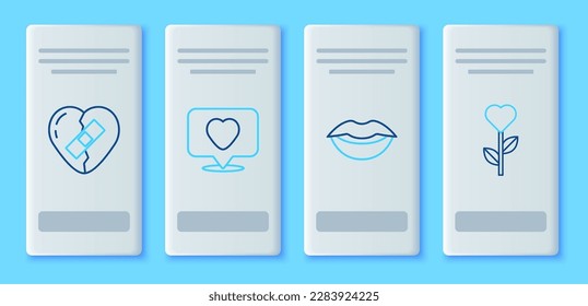 Set line Like and heart, Smiling lips, Healed broken and Heart shape flower icon. Vector