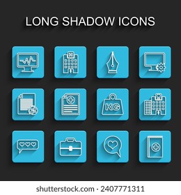 Set line Like and heart, Toolbox, Monitor with cardiogram, Heart in speech bubble, Medical book, Clinical record, Dental clinic and Weight icon. Vector