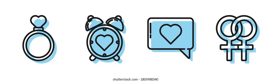 Fijar la línea Como y corazón, Anillos de boda, Corazón en el despertador central e icono del símbolo de género femenino. Vector