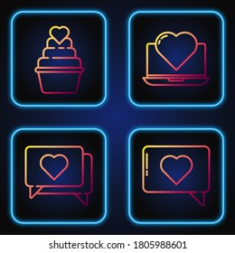 Set line Like and heart, Like and heart, Wedding cake with heart and Laptop with heart. Gradient color icons. Vector