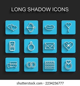 Set line Like and heart, Wedding rings, Heart, Calendar with, Diamond engagement, Candy shaped box and Envelope Valentine icon. Vector
