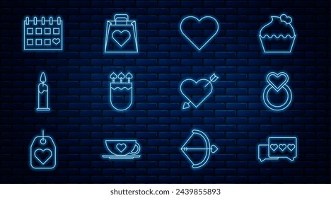 Set line Como y corazón, Anillos de boda, Corazón, Flechas de carámbano con, Vela ardiente, Calendario, Amour y el icono de la bolsa de compras. Vector