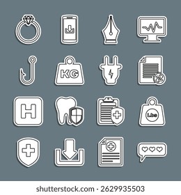 Set line Like and heart, Weight pounds, Transfer files, Fountain pen nib, Fishing hook, Diamond engagement ring and Electric plug icon. Vector