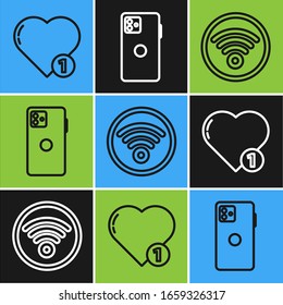 Set line Like and heart, Wi-Fi wireless internet network and Smartphone, mobile phone icon. Vector