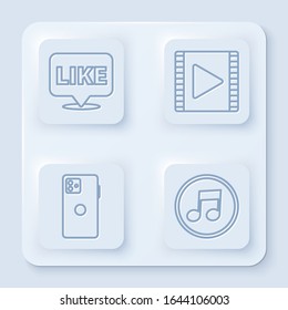 Set line Like in speech bubble, Play Video, Smartphone, mobile phone and Music note, tone. White square button. Vector