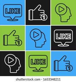 Set line Like in speech bubble, Head people with play button and Hand like icon. Vector
