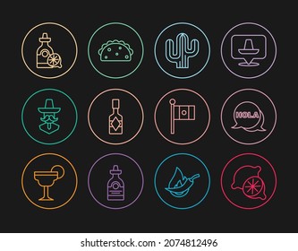 Set line Lime, Hola, Cactus, Tabasco sauce, Mexican man sombrero, Tequila bottle with lemon, Mexico flag and Taco tortilla icon. Vector