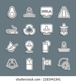 Set line Lime, Mexican sombrero, man, Hola, Beans, Cigar, Avocado fruit and  icon. Vector