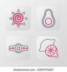 Set line Lime, Wrestling championship belt, Avocado fruit and Sun icon. Vector
