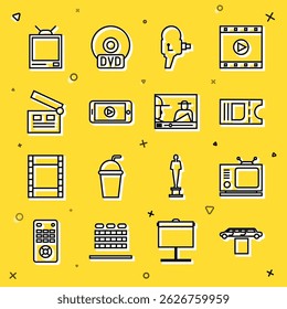 Set line Limousine car and carpet, Retro tv, Cinema ticket, cinema camera, Online play video, Movie clapper,  and  icon. Vector
