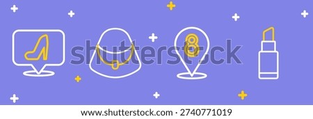 Set line Lipstick, 8 March, Handbag and Woman shoe icon. Vector