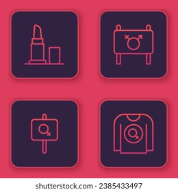 Set line Lipstick, Feminist activist,  and shirt. Blue square button. Vector