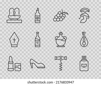 Set line Lipstick, Perfume, Grape fruit, Woman shoe, Fountain, Bottle of wine, Wine corkscrew and Mandolin icon. Vector