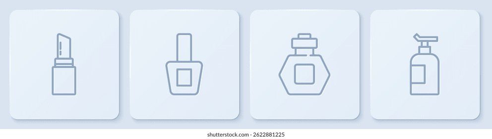 Set line Lipstick, Perfume, Nail polish bottle and Cream or lotion cosmetic tube. White square button. Vector