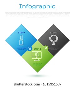Set line Lipstick, Round makeup mirror and 8 March on monitore. Business infographic template. Vector