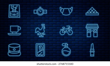 Set line Lipstick, Triumphal Arch, Croissant, Rooster weather vane, Coffee cup, Handbag, Bicycle and Wrist watch icon. Vector