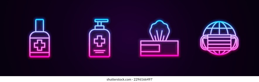 Fijar línea jabón antibacteriano líquido, paquete de limpiado húmedo y tierra con máscara médica. Icono de neón brillante. Vector