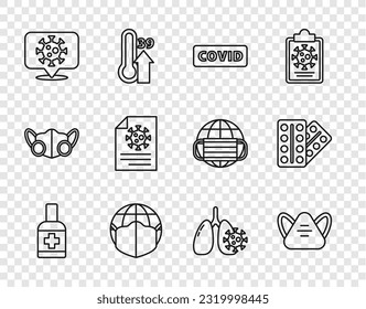 Set line Liquid antibacterial soap, Medical protective mask, Corona virus covid-19, Earth with medical, location, Clipboard blood test results, Virus cells in lung and Pills blister pack icon. Vector
