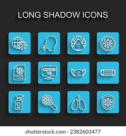 Set line Liquid antibacterial soap, Virus under magnifying glass, Earth globe with virus, Lungs, Shield protecting from, Corona on location, Medical protective mask and  icon. Vector
