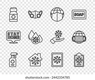 Set line Liquid antibacterial soap, Clipboard with blood test results, Earth medical mask, Stay home, Medicine bottle and pills, Blood virus, Virus statistics on monitor and  icon. Vector