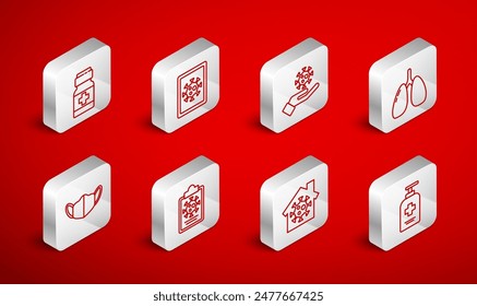Set line Liquid antibacterial soap, Virus statistics on monitor, Hand with virus, Lungs, Stay home, Medicine bottle pills, Clipboard blood test results and Medical protective mask icon. Vector