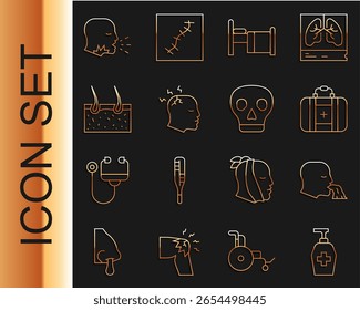 Set line Jabón antibacteriano líquido, hombre de vómitos, botiquín de primeros auxilios, cama de hospital, hombre que tiene dolor de cabeza, pelo que cubre la piel, tos e icono de cráneo. Vector
