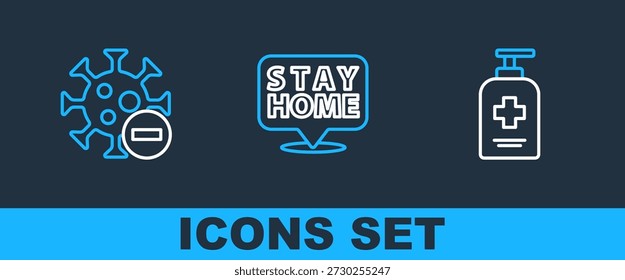 Set line Liquid antibacterial soap, Negative virus and Stay home icon. Vector