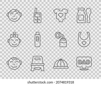 Set line Little boy head, Speech bubble dad, Baby clothes, potty, Pregnancy test, hat and bib icon. Vector