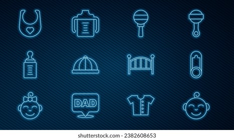 Fijar la línea Cabeza de niño pequeño, pin de ropa de bebé, juguete de bebé de rattle, sombrero, botella, bib, cuna cama e ícono. Vector