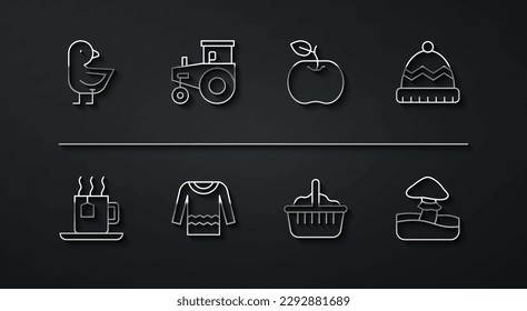 Set Linie Little Küken, Cup of Tee mit Teebeutel, Wintermütze, Korb, Sweater, Traktor, Pilz-und Apfelsymbol. Vektorgrafik