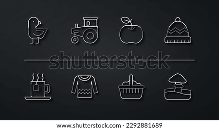 Set line Little chick, Cup of tea with tea bag, Winter hat, Basket, Sweater, Tractor, Mushroom and Apple icon. Vector