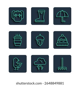 Set line Little chick, Storm, Garden rake, Umbrella, Acorn, Coffee cup go, School backpack and Winter hat icon. Vector
