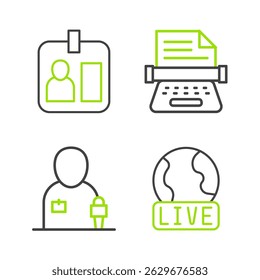Definir linha Live report, notícias do jornalista, Retro máquina de escrever e ícone cartão de identificação. Vetor