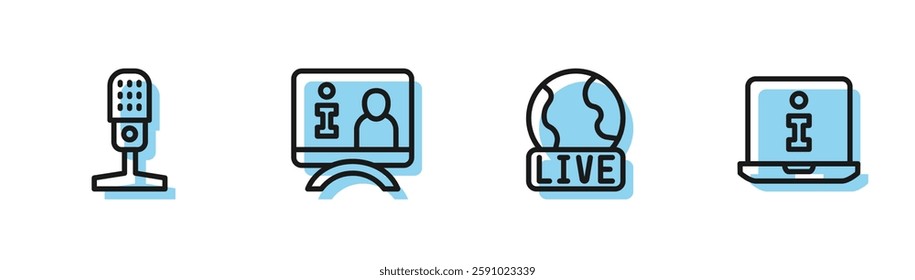 Set line Live report, Microphone, Television and Information icon. Vector