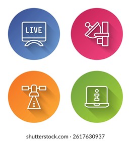 Set line Live report, Radar, Satellite and Information. Color circle button. Vector