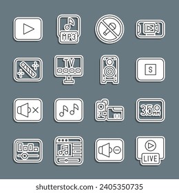 Set line Live stream, Audio jack, Stop media button, Mute microphone, Smart Tv, Photo retouching, Play and Stereo speaker icon. Vector