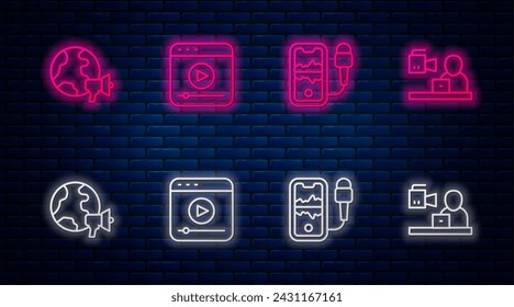 Set line Live stream, Mobile recording, World news and Breaking. Glowing neon icon on brick wall. Vector