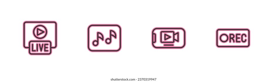 Fijar línea en directo, video de reproducción en línea, nota musical, tono e icono del botón Grabar. Vector