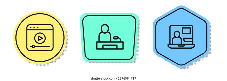 Set line Live stream, Television report and World news. Colored shapes. Vector