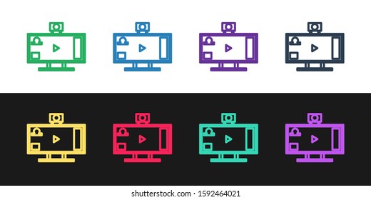 Set line Live streaming online videogame play icon isolated on black and white background.  Vector Illustration