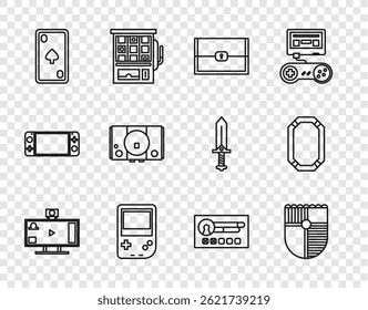 Video Video Transmisión en vivo en línea, escudo para el juego, cofre, consola portátil, tarjeta de juego con diamantes, pantalla de Cuenta de Create e ícono de póquer. Vector