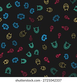 Set line Live streaming online, Mask of the devil with horns, Alien and Bottle magic elixir on seamless pattern. Vector