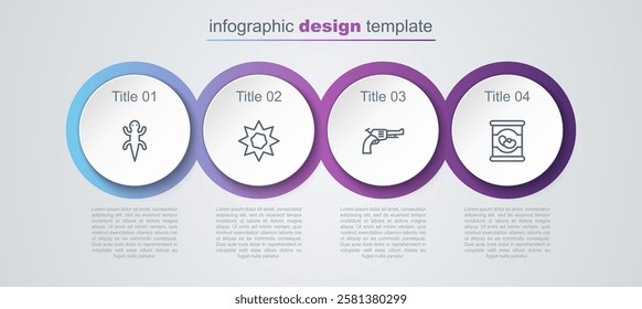 Set line Lizard, Sun, Revolver gun and Beans in can. Business infographic template. Vector