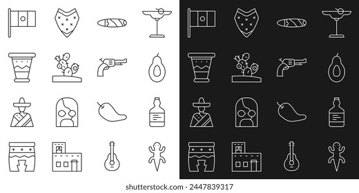 Lagarto, botella de tequila, aguacate, cigarro, cactus, tambor mexicano, bandera de México e icono de pistola Revolver. Vector