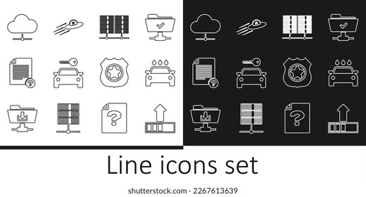 Set line Loading, Car wash, Server, Data, Web Hosting, rental, Unknown document, Network cloud connection, Police badge and UFO flying spaceship and alien icon. Vector