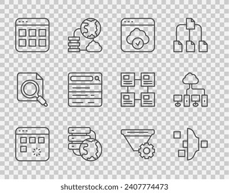 Set line Loading data window, Filter setting, Cloud technology transfer, Network cloud connection, Browser files, Search engine,  and Computer network icon. Vector