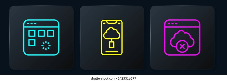 Set line Loading data window, Failed access cloud storage and Cloud technology transfer. Black square button. Vector