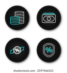 Set line Loan percent, Discount tag, Stacks paper money cash and Coin icon. Vector