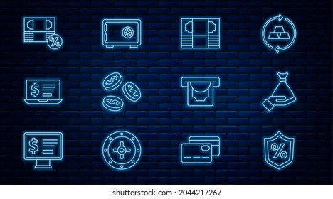 Set line Loan percent, Money in hand, Stacks paper money cash, Coin with dollar, Laptop, ATM and Safe icon. Vector